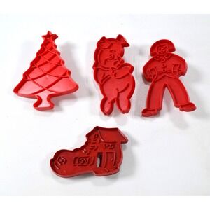 Lot of 4 Vintage ‎ Red Plastic Cookie Cutters Pig, Shoe, Person, Christmas Tree